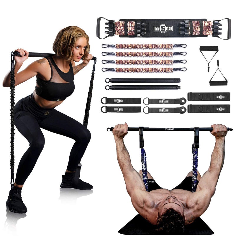 INNSTAR Resistance Bands Bar Exercise Bands Attachment 38" Black Max Load 800lb for Home Gym Workout Full Body Workout Power Lifting Fitness Bar (Desert Color) - Image 1
